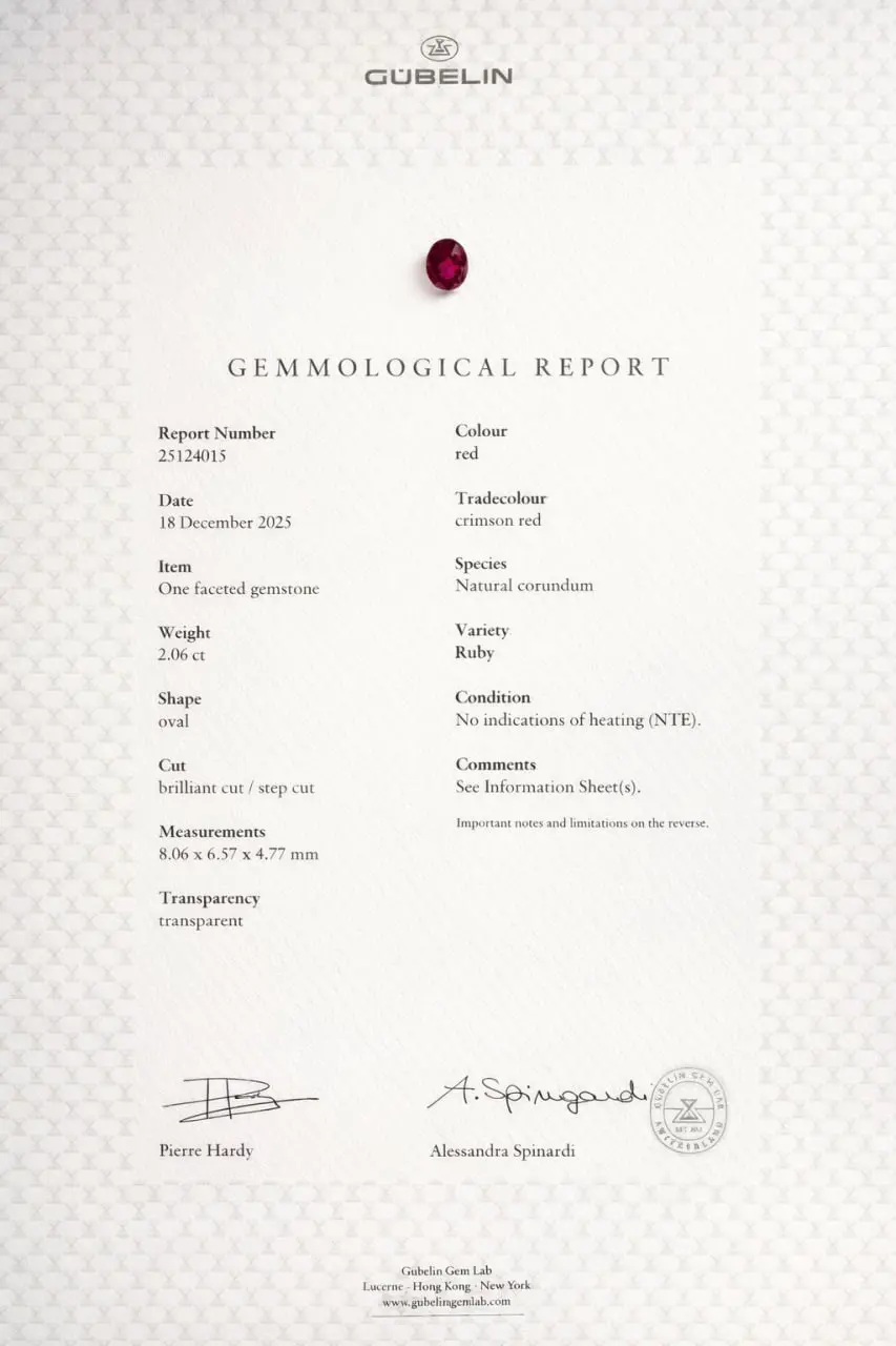 unheated ruby crimson red oval shape, mozambique. gubelin